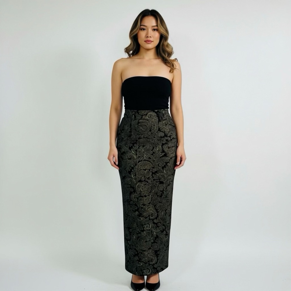 Vintage Susan Lawrence Paisley Black and Gold‎ Maxi Skirt Victorian Layering